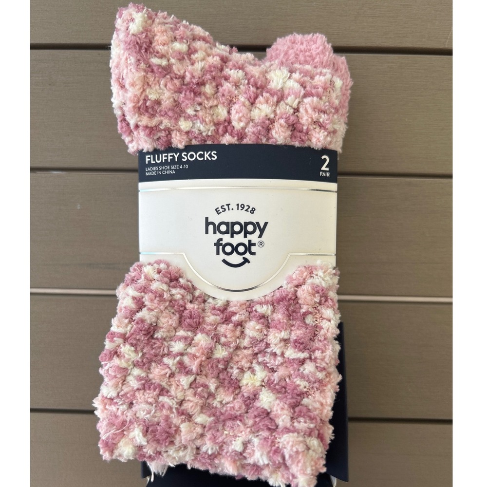Happy Foot Fluffy Socks Ladies Shoe Size 4-10 Pink Cozy Fabric 2 Pair